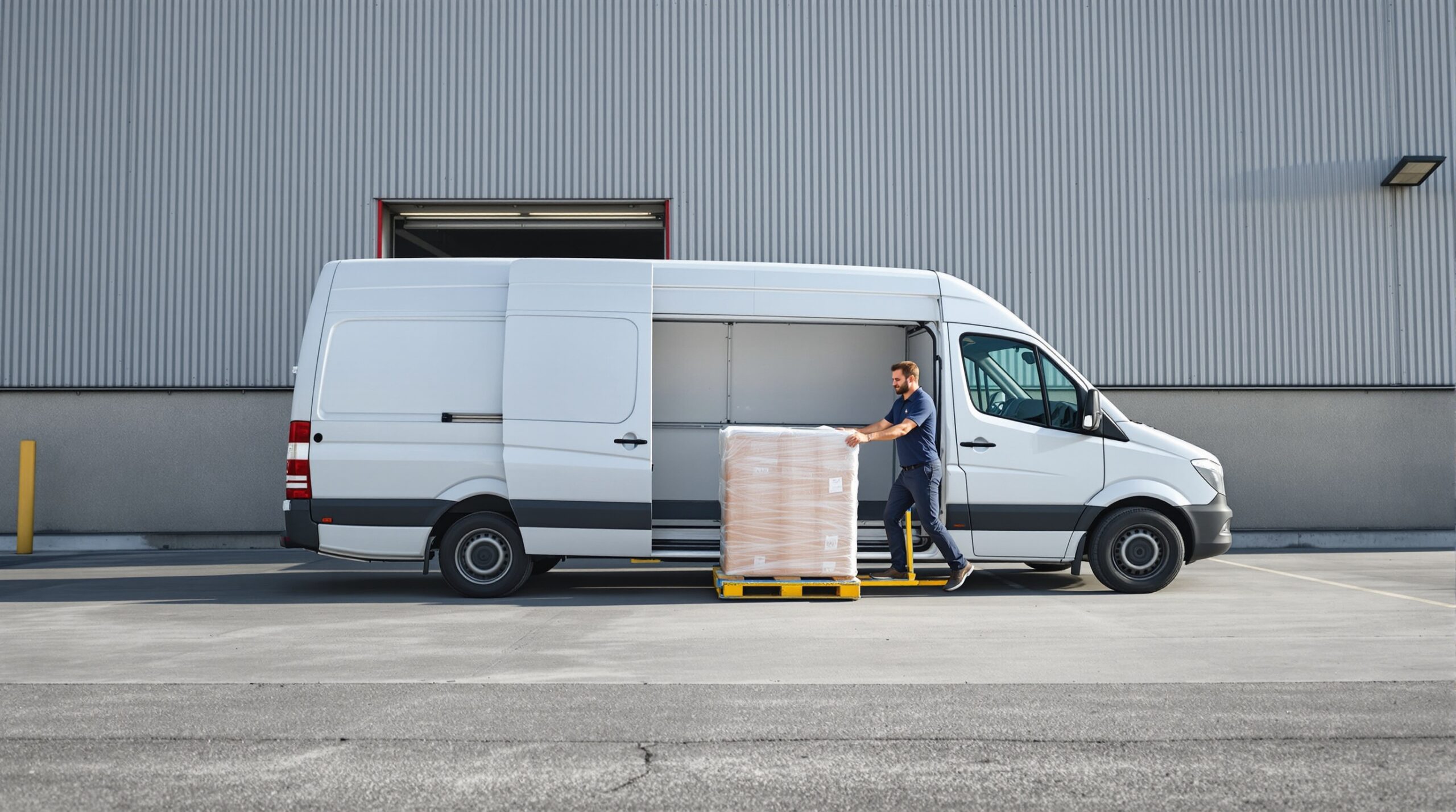 Sprinter van loaded at a single warehouse dock — direct dispatch, no terminal, no consolidation.