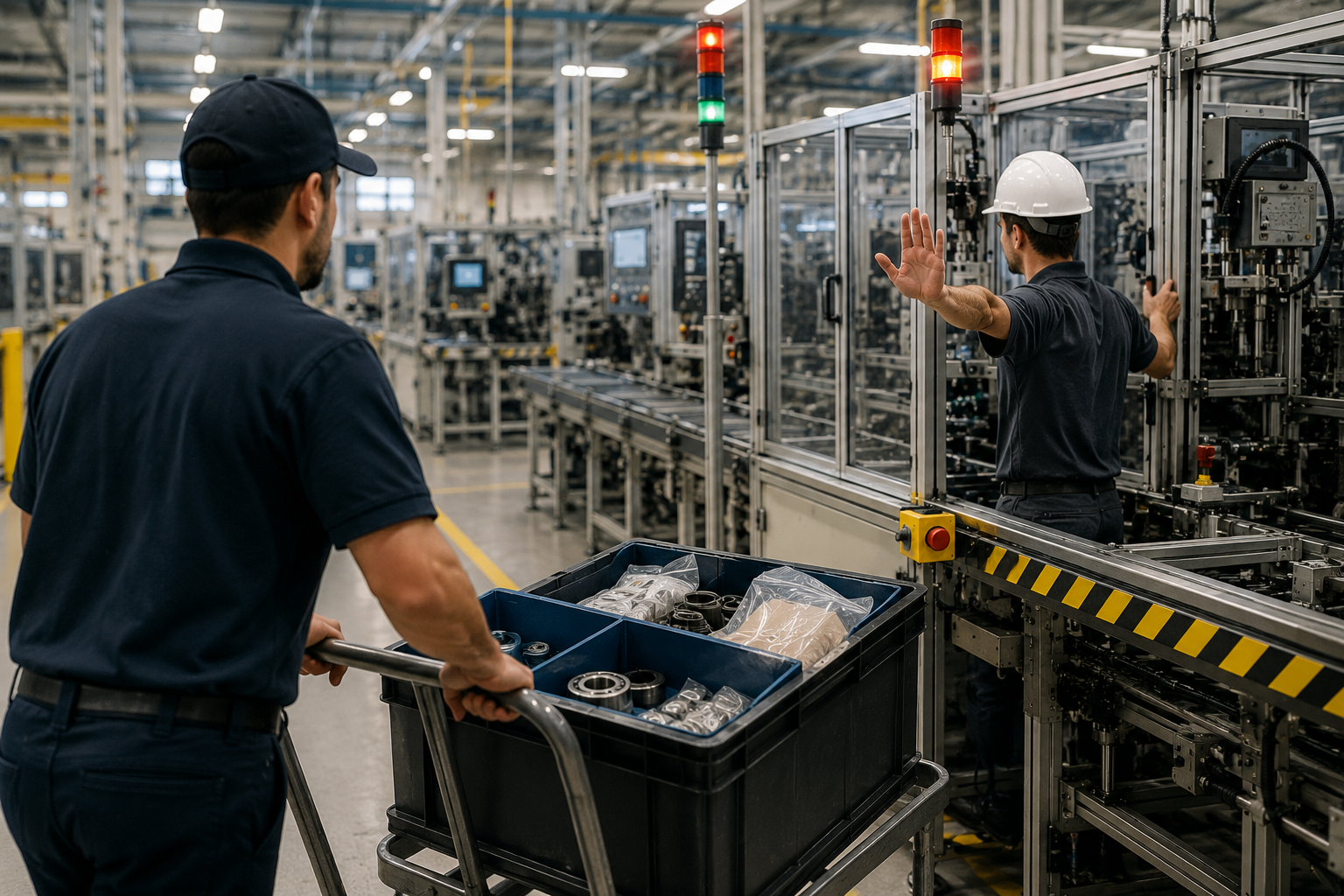 Factory worker rushing replacement parts on a cart toward a stopped production line inside a modern manufacturing facility.