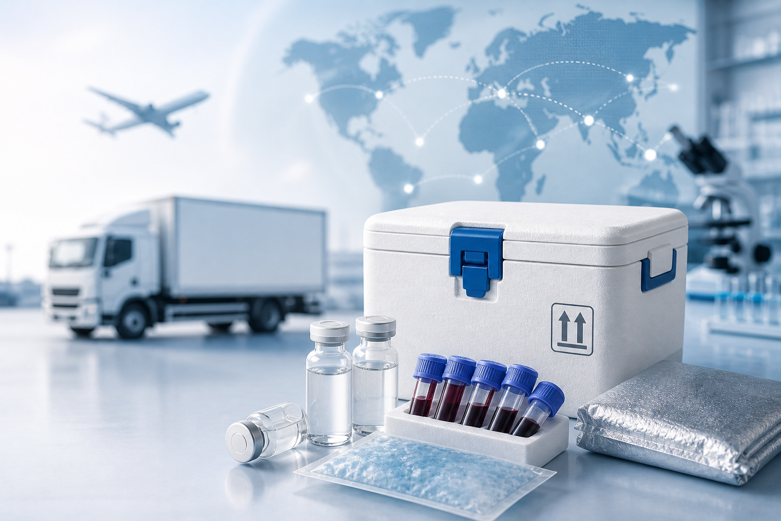 Temperature-controlled medical shipping container with vials and blood samples in a laboratory setting, representing clinical trial drug and sample logistics