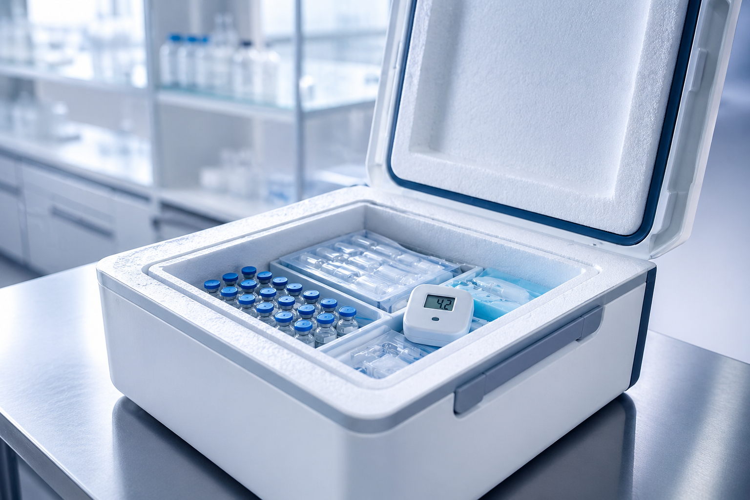 open pharmaceutical cold chain shipping container with vials and digital temperature monitor in controlled lab environment