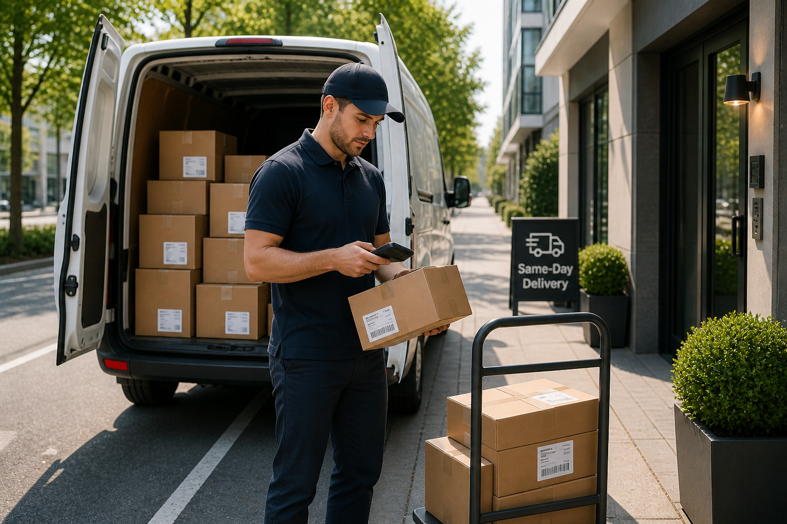 Courier scanning packages from a delivery van on a city street during same-day delivery with organized parcels and last-mile logistics in daylight.