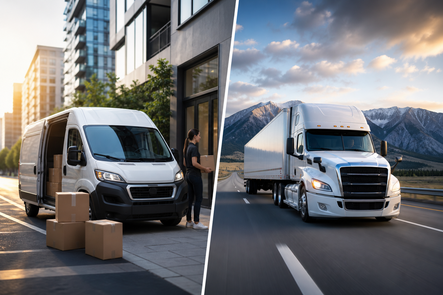 Split-screen image comparing same-day delivery and expedited freight, featuring a local delivery van unloading packages in a city and a semi-truck hauling freight on a long-distance highway route through mountain scenery.