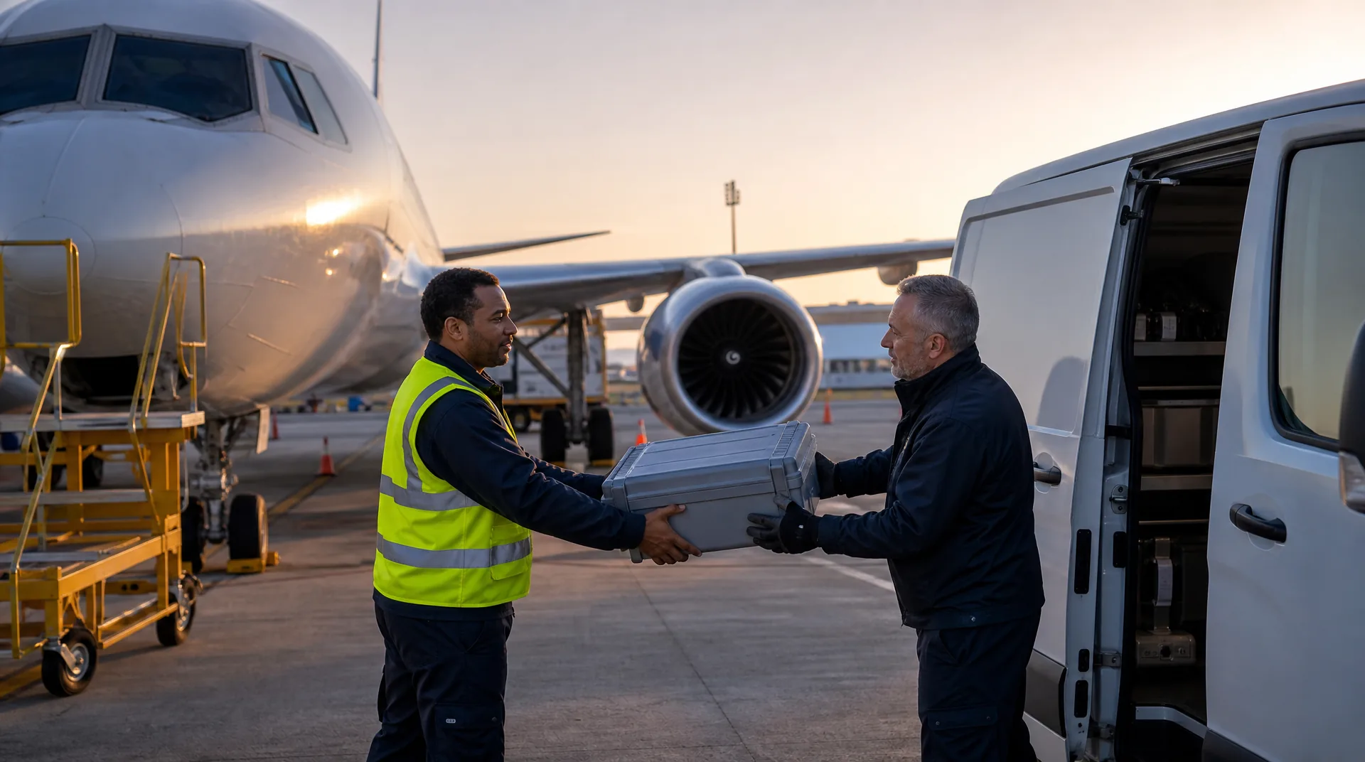 AOG freight: courier handing an aircraft part case to a ground engineer at a grounded jet