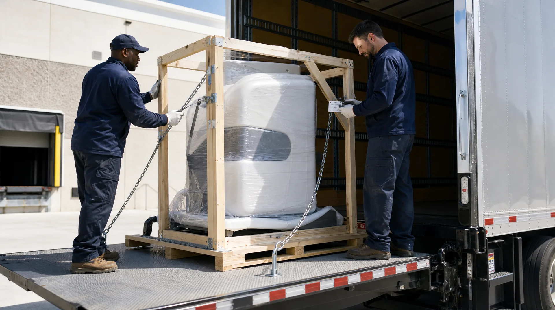Medical device shipping: crated surgical equipment loaded into an air-ride truck