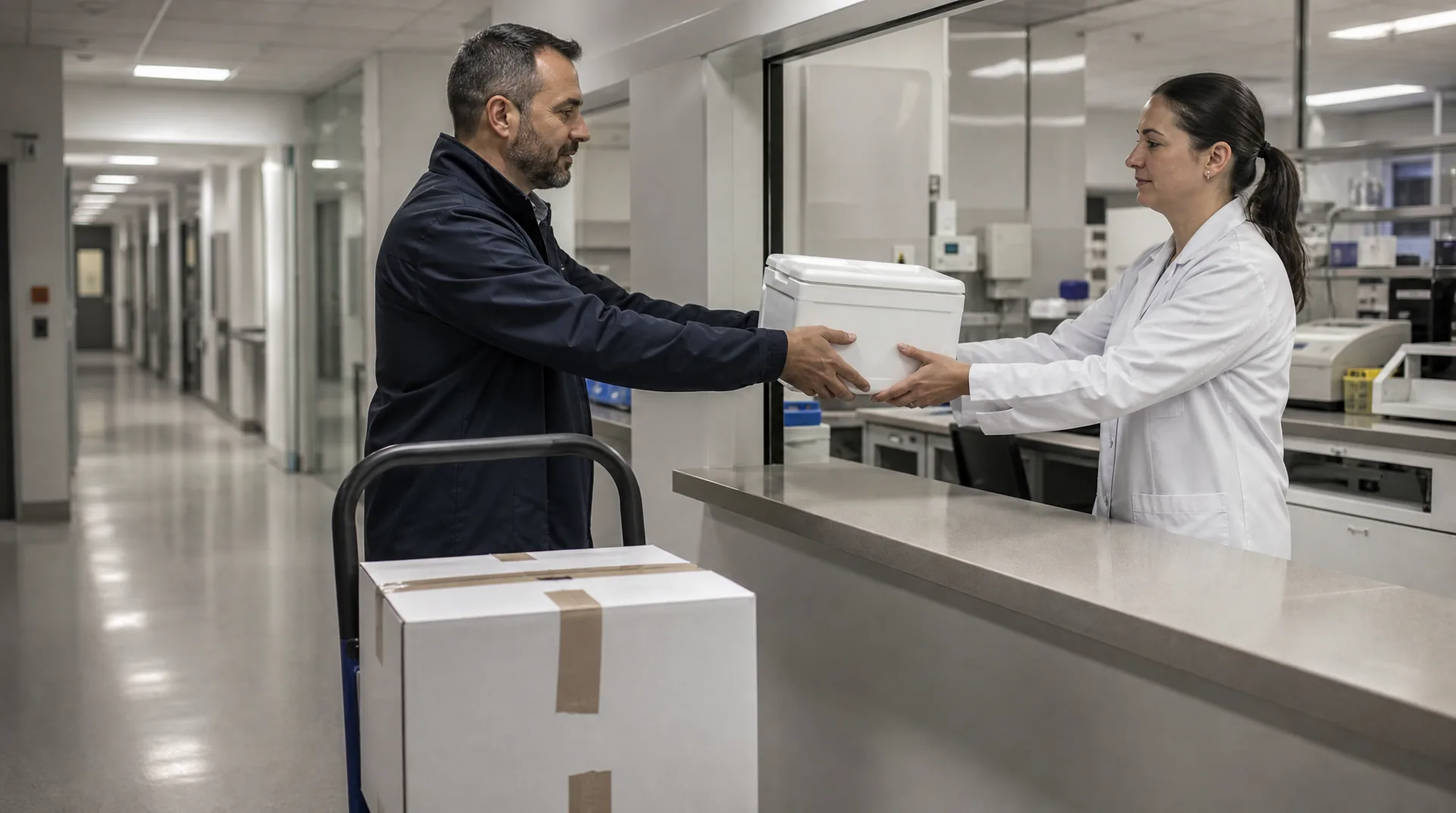 Specimen transport: medical courier handing an insulated specimen cooler to a lab technician