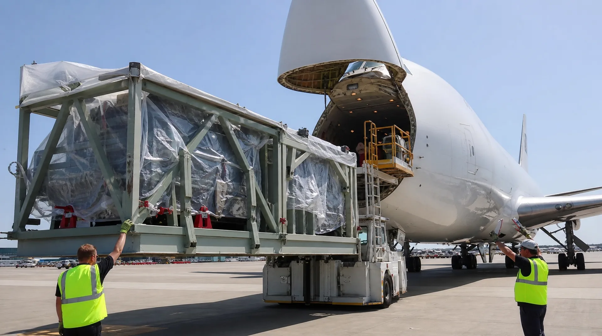 Heavy and oversize air freight: an oversized crate loaded onto a nose-door freighter
