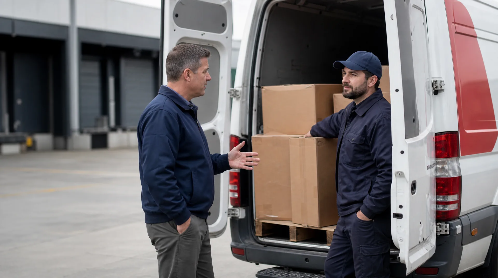 A shipper talking directly with a delivery driver beside an open expedited cargo van