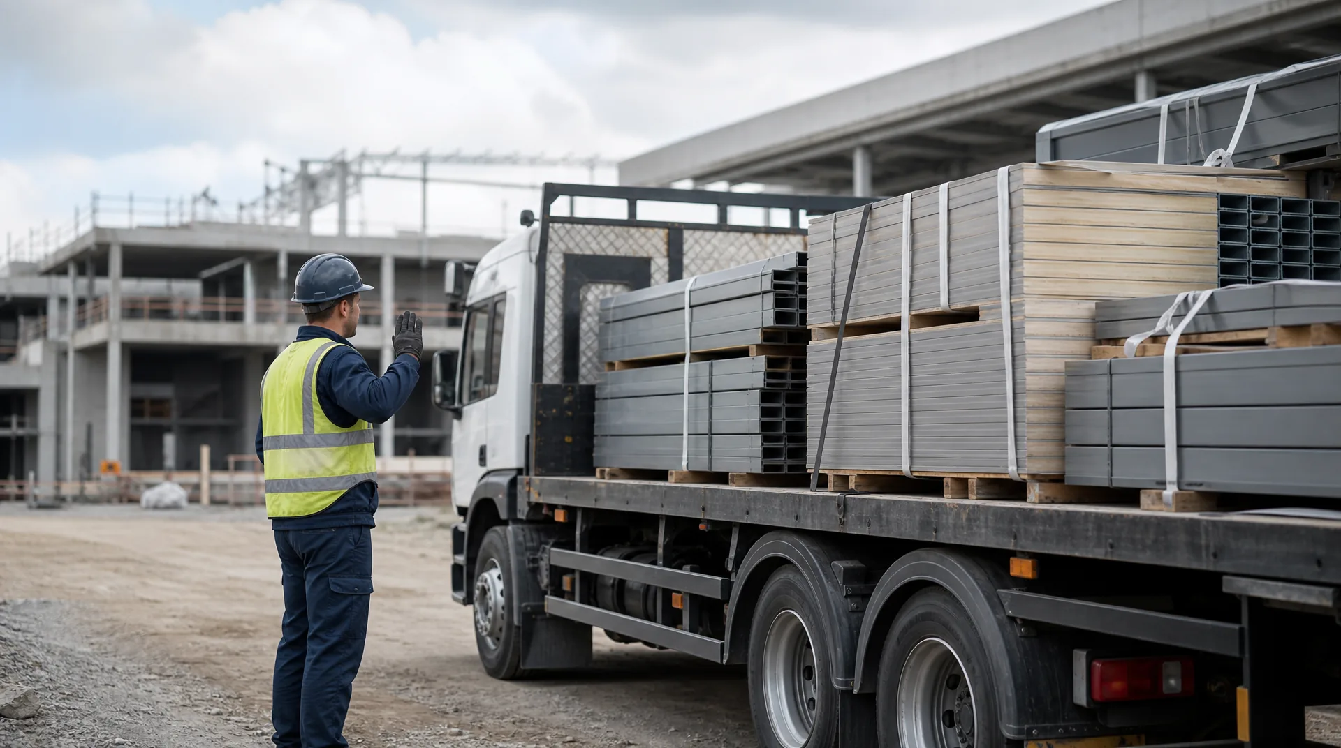 Flatbed truck delivering banded building materials to an active construction job site