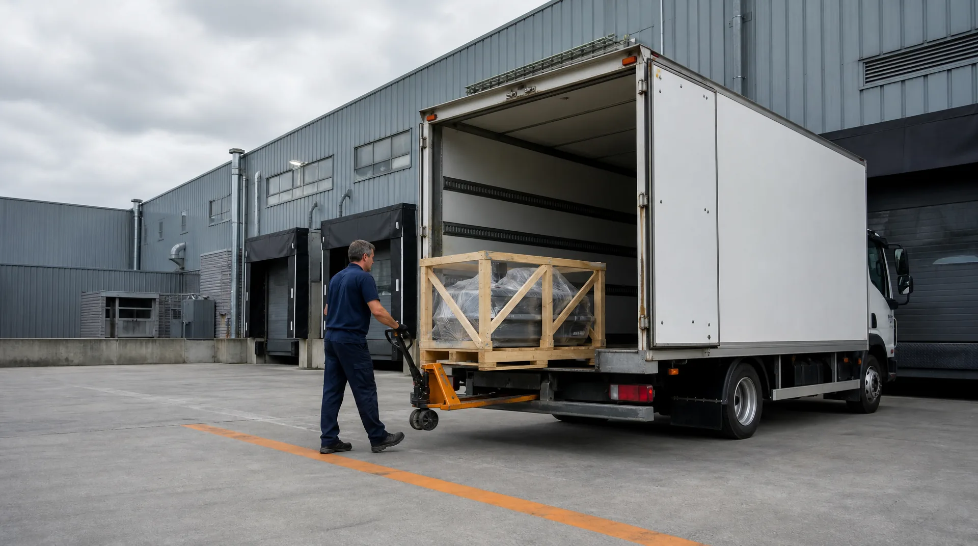 Box truck at a factory shipping dock with a worker moving a crated machine part on a pallet jack