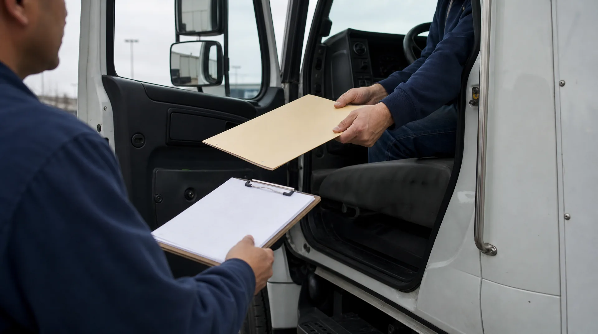 Driver and dispatcher exchanging USMCA cross-border shipping documents at a truck cab