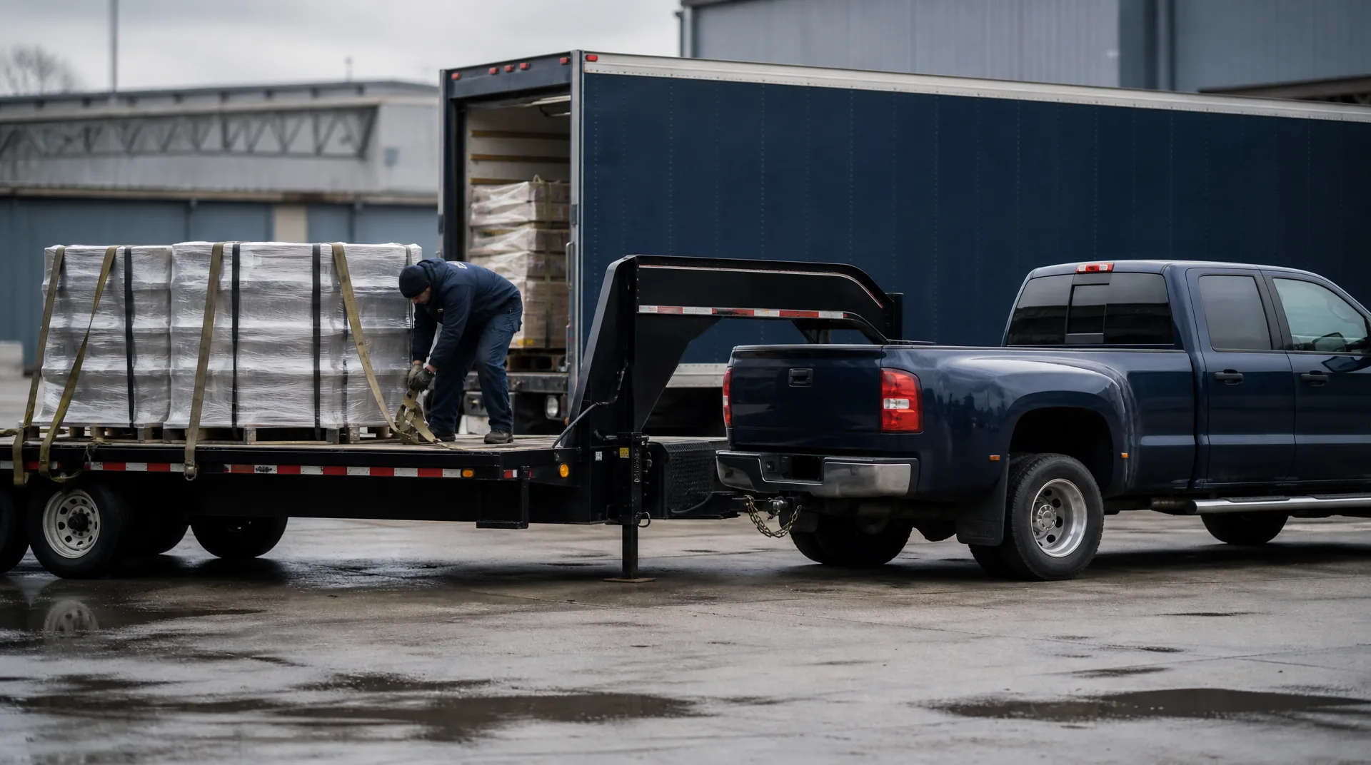 A hot-shot pickup with a gooseneck flatbed parked beside a straight box truck as a worker secures a strapped load