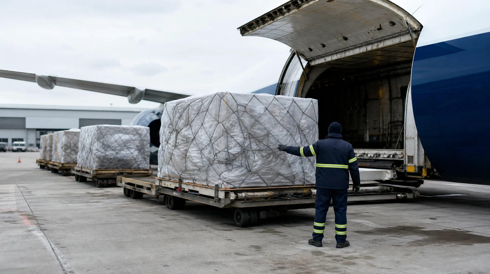 Ground worker guiding a loaded air cargo container toward the open hold of a freighter aircraft on the apron