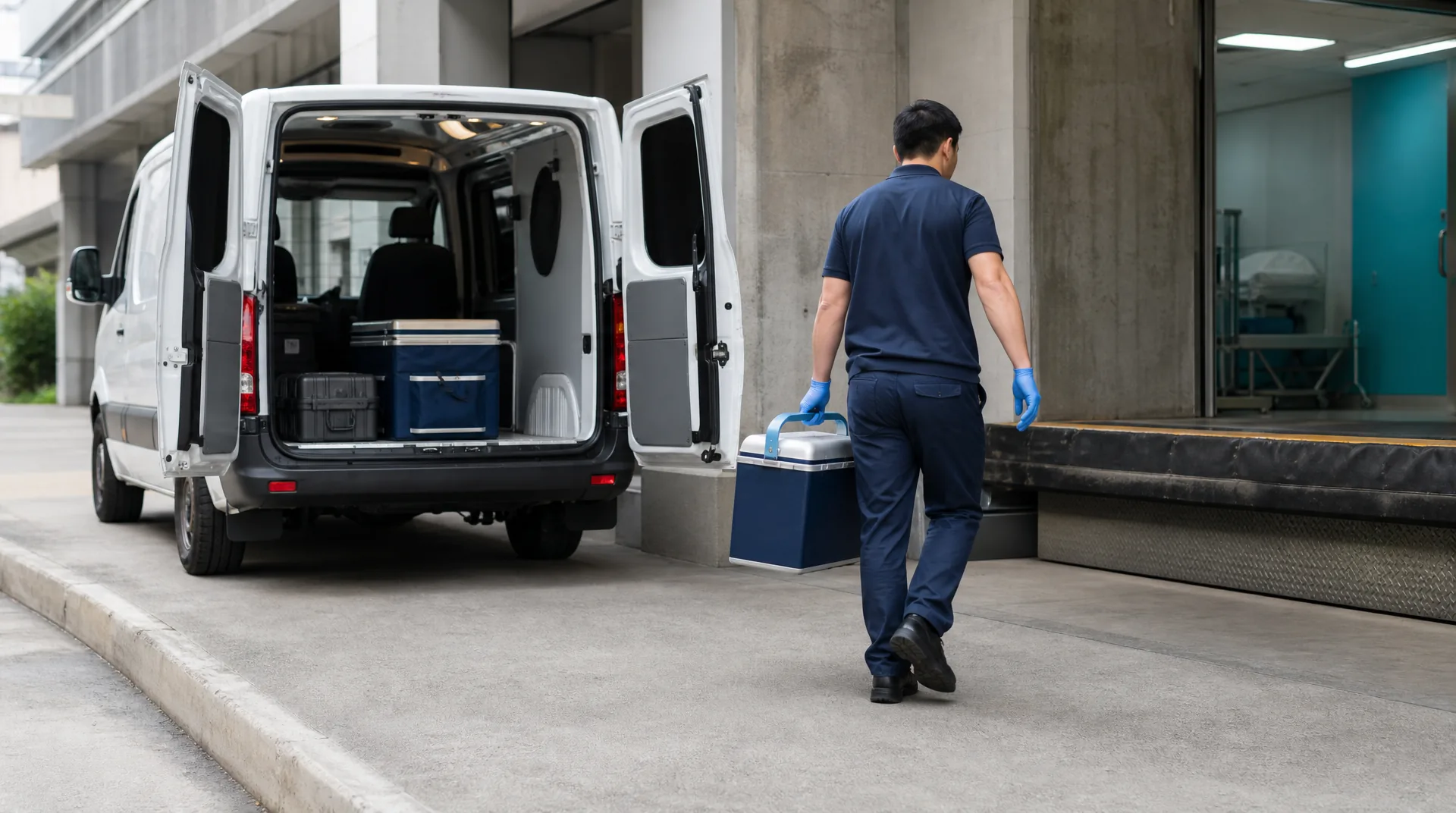 Medical courier carrying a sealed device case from a van to a hospital receiving dock for an emergency replenishment