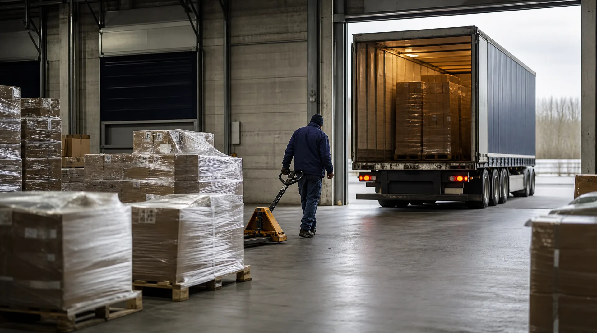 Partial LTL pallets staged in the foreground with a full trailer at a dock door behind, contrasting LTL and full truckload