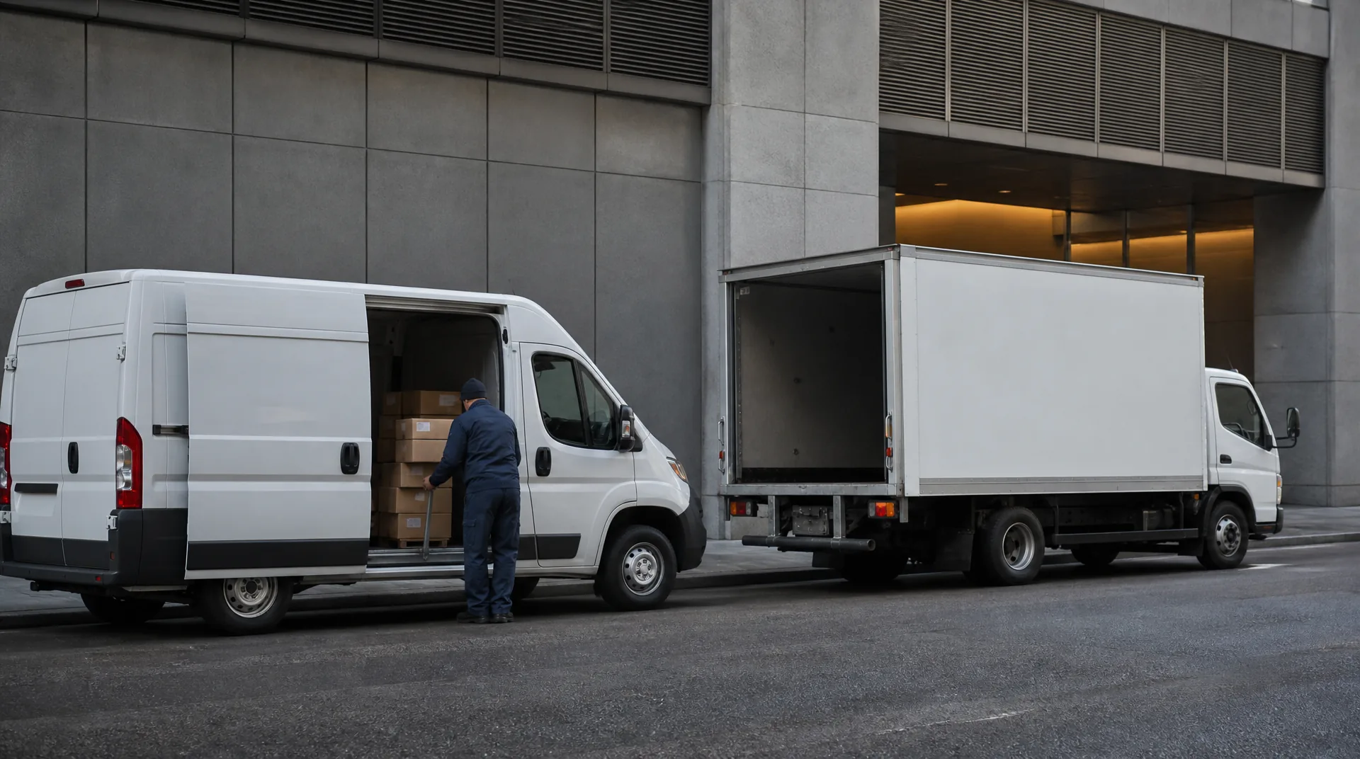A cargo sprinter van and a straight box truck side by side at a curb as a courier loads parcels, comparing same-day options