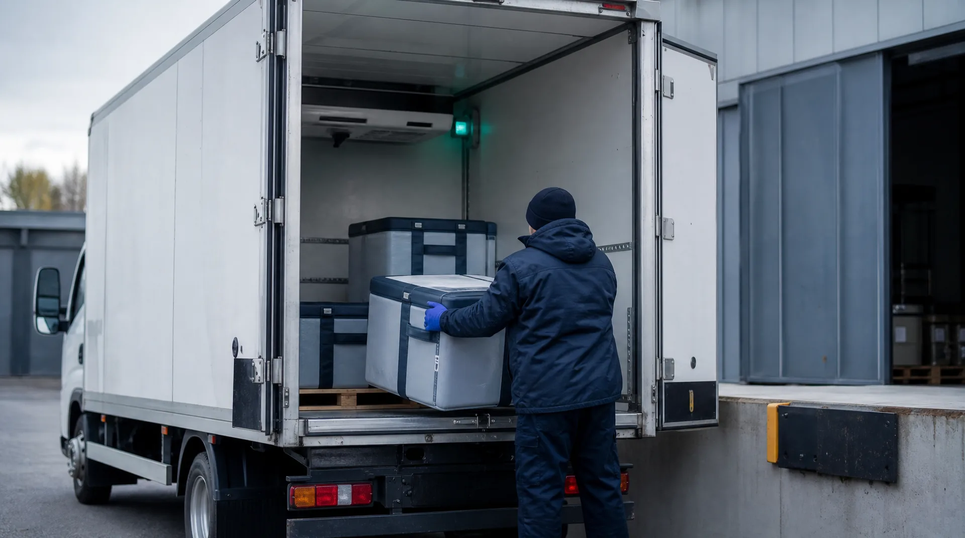Gloved worker loading a sealed insulated cold-chain tote into a refrigerated truck at a pharmaceutical distribution dock