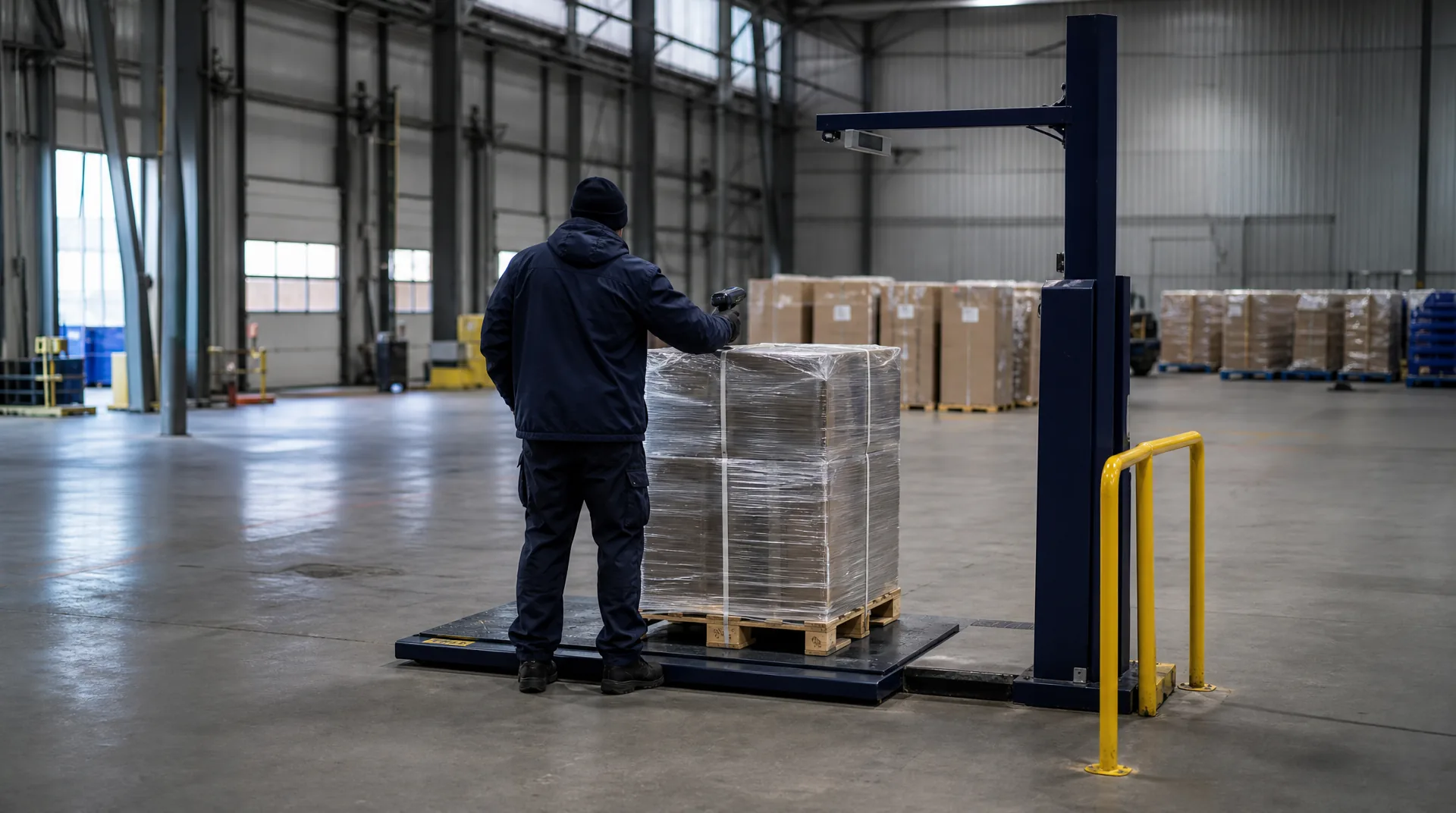 Worker weighing and measuring a shrink-wrapped pallet at an LTL freight dimensioning station