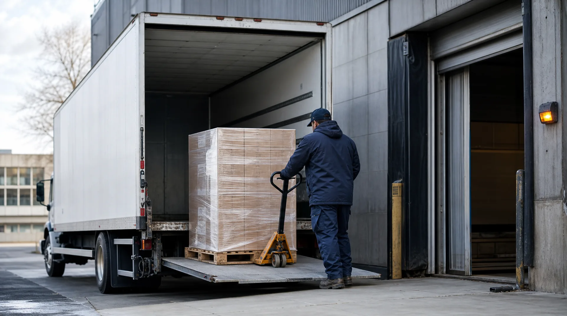 Worker lowering a single shrink-wrapped pallet on a box truck lift-gate for a same-day pallet delivery