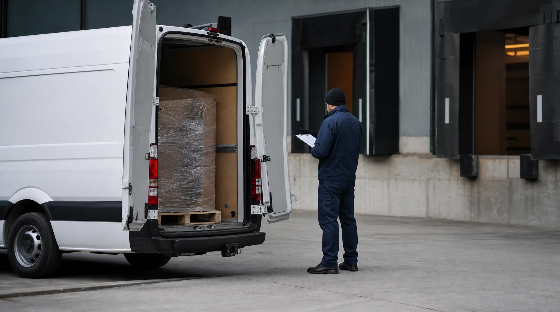 Worker checking a delivery manifest while loading a single shipment into a cargo van for a same-day run