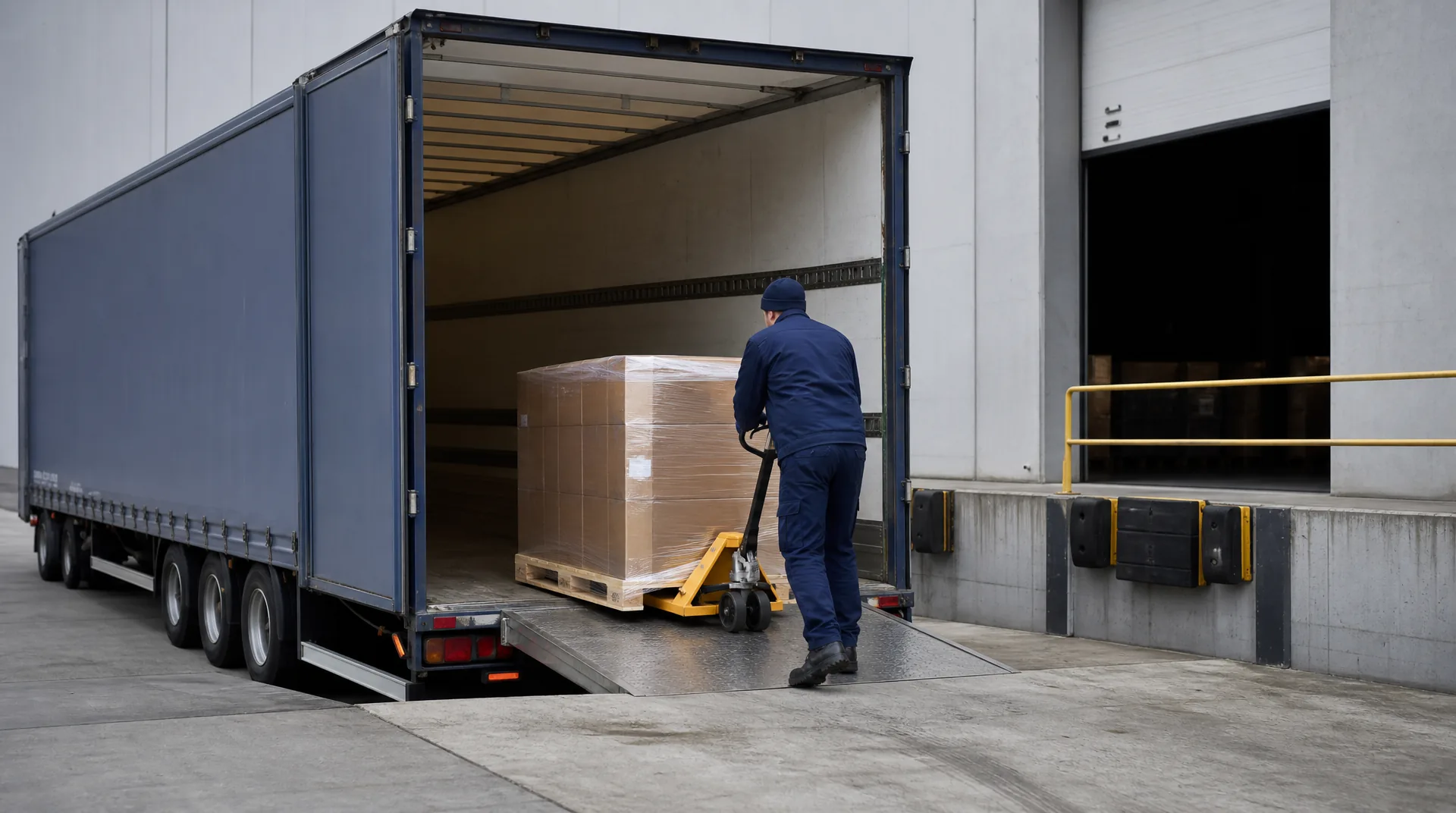A priority-flagged pallet loaded first into an LTL trailer at a dock door for a guaranteed delivery window