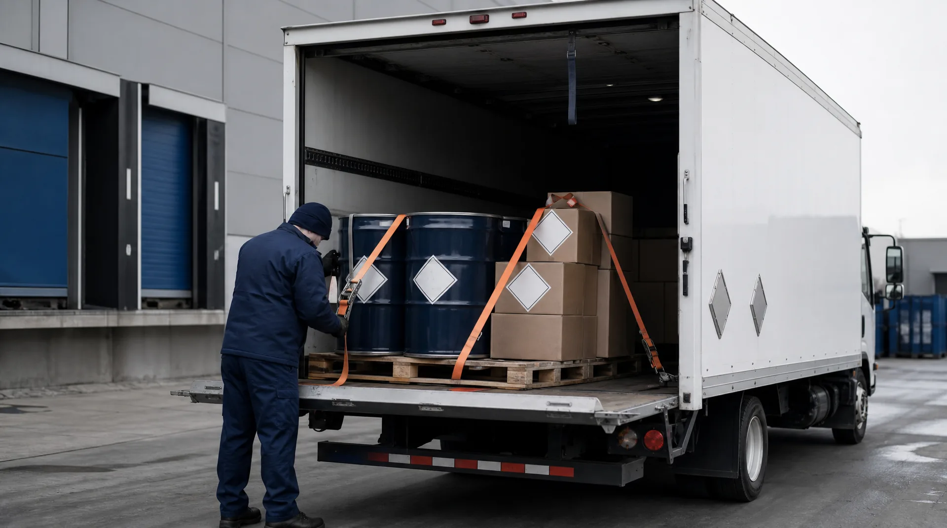 Gloved worker securing sealed drums on a pallet by a placarded box truck for a compliant expedited hazmat shipment