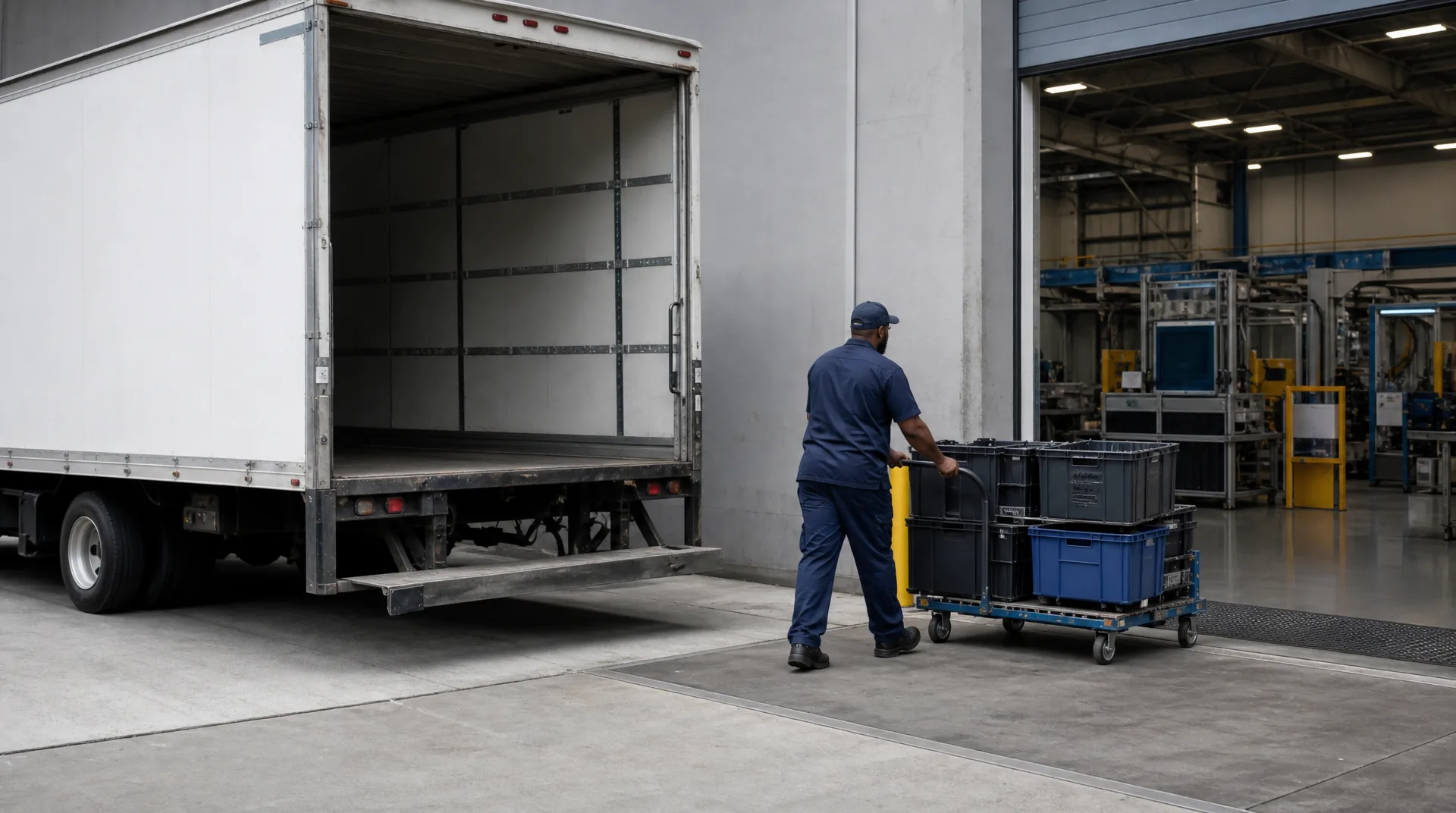 Worker moving sequenced parts totes from a box truck into a manufacturing plant for just-in-time delivery