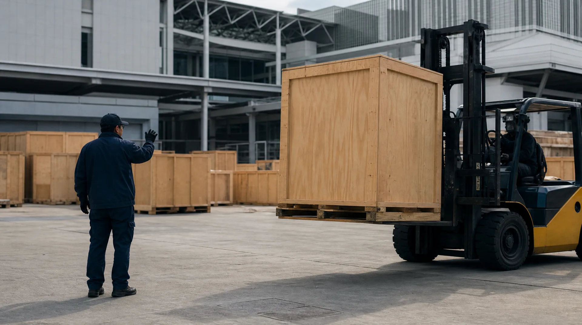 Forklift moving a large exhibit crate in a convention center marshalling yard during trade show drayage