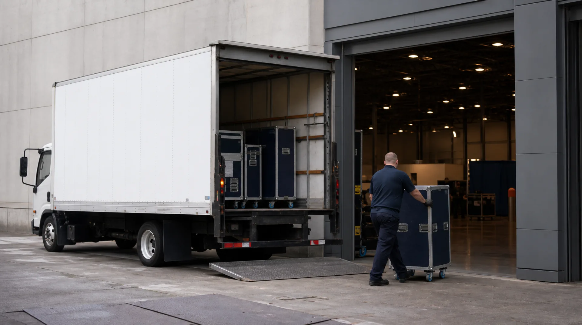 Worker rolling an exhibit crate from a box truck straight to a convention center show floor dock