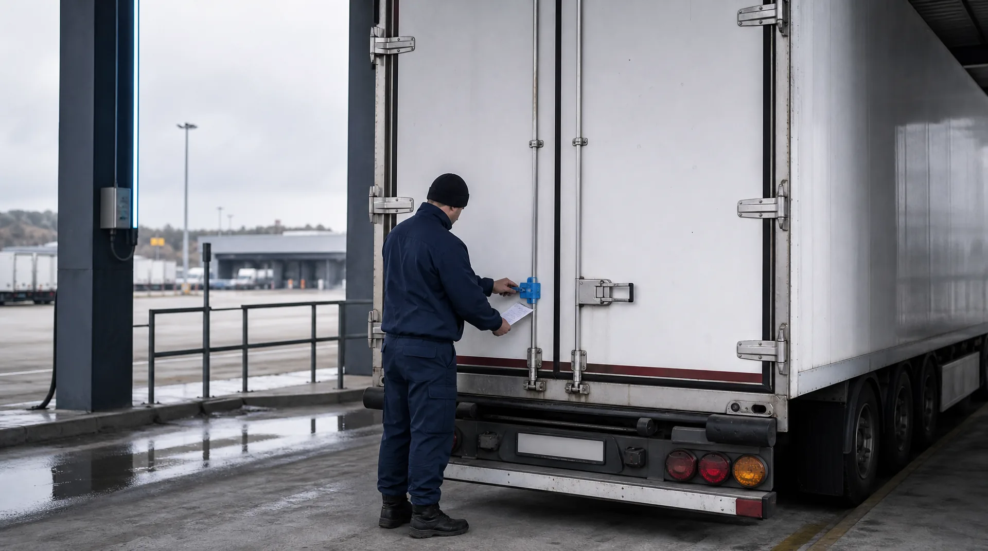Worker inspecting a customs seal on a bonded trailer at a border warehouse dock for an in-bond shipment