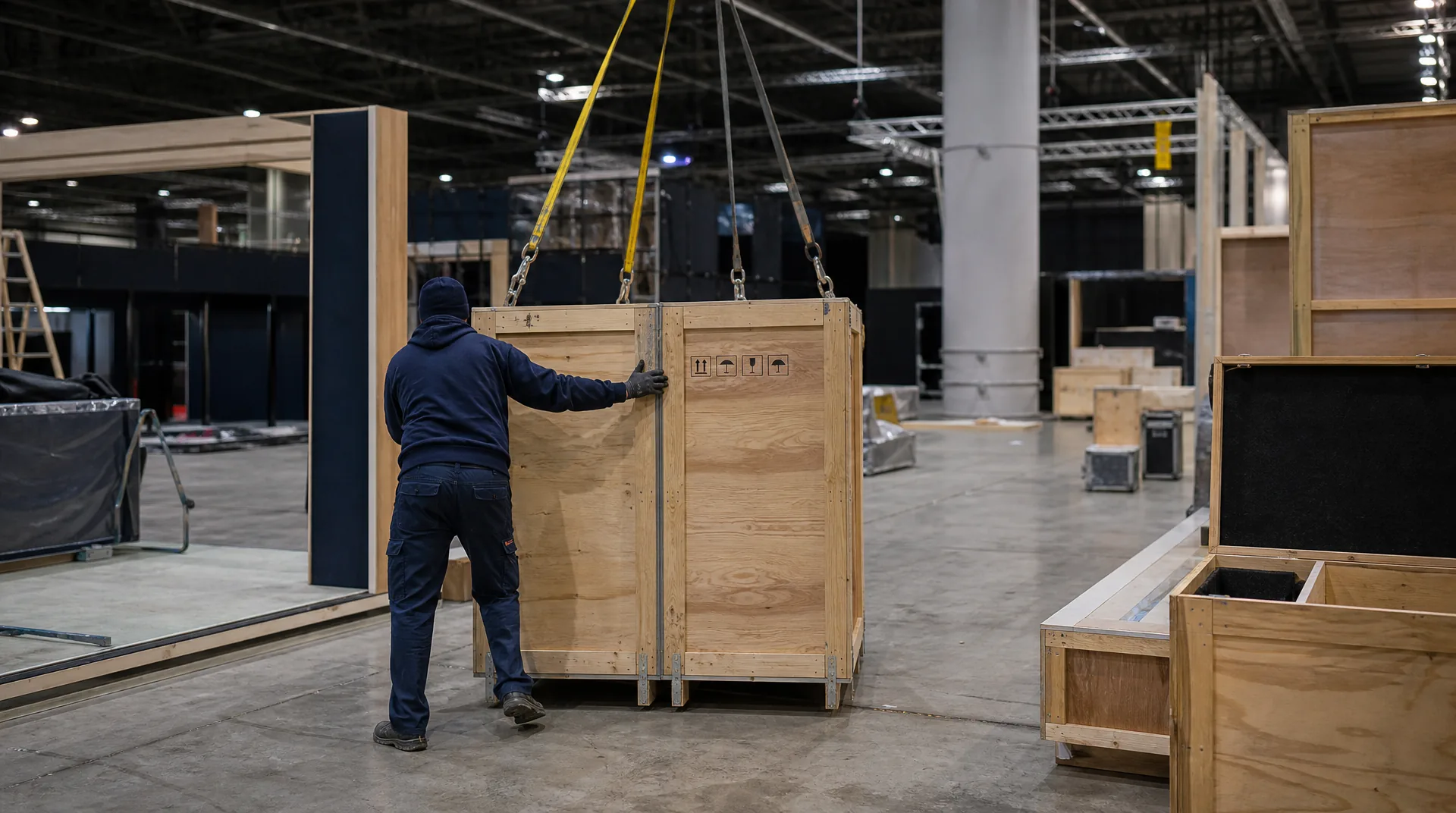 Worker guiding a crate amid partially assembled booths during trade show install and dismantle inside a convention hall