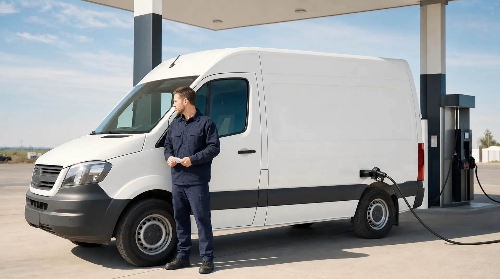 Owner-operator fueling a white sprinter van at a truck stop fuel island