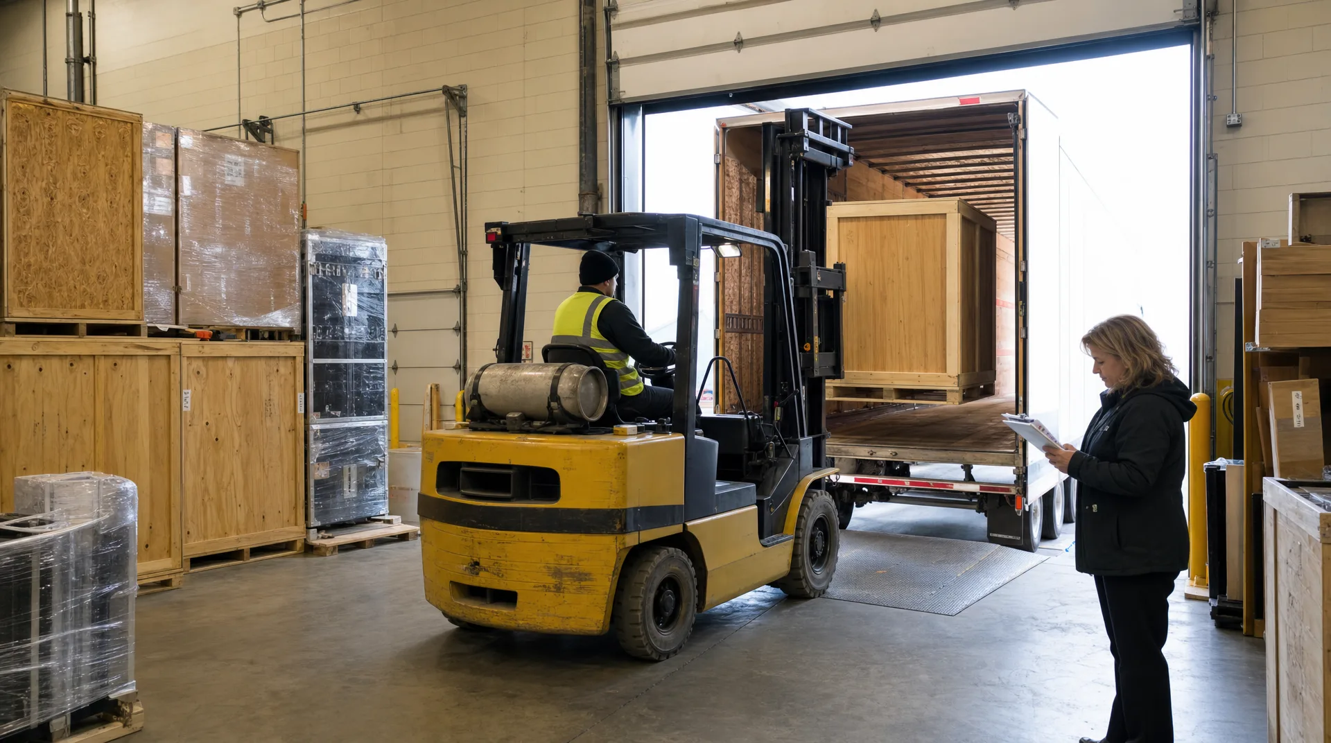 Forklift unloading a wooden exhibit crate from a trailer at a convention center loading dock while an exhibitor checks the bill of lading