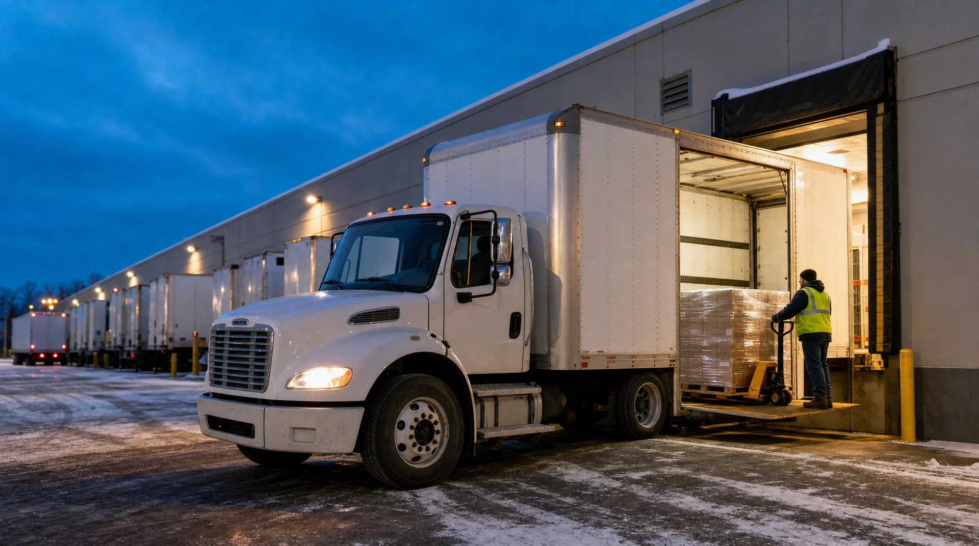 Box truck at a lit distribution center dock on a winter evening as a worker loads a pallet of retail goods