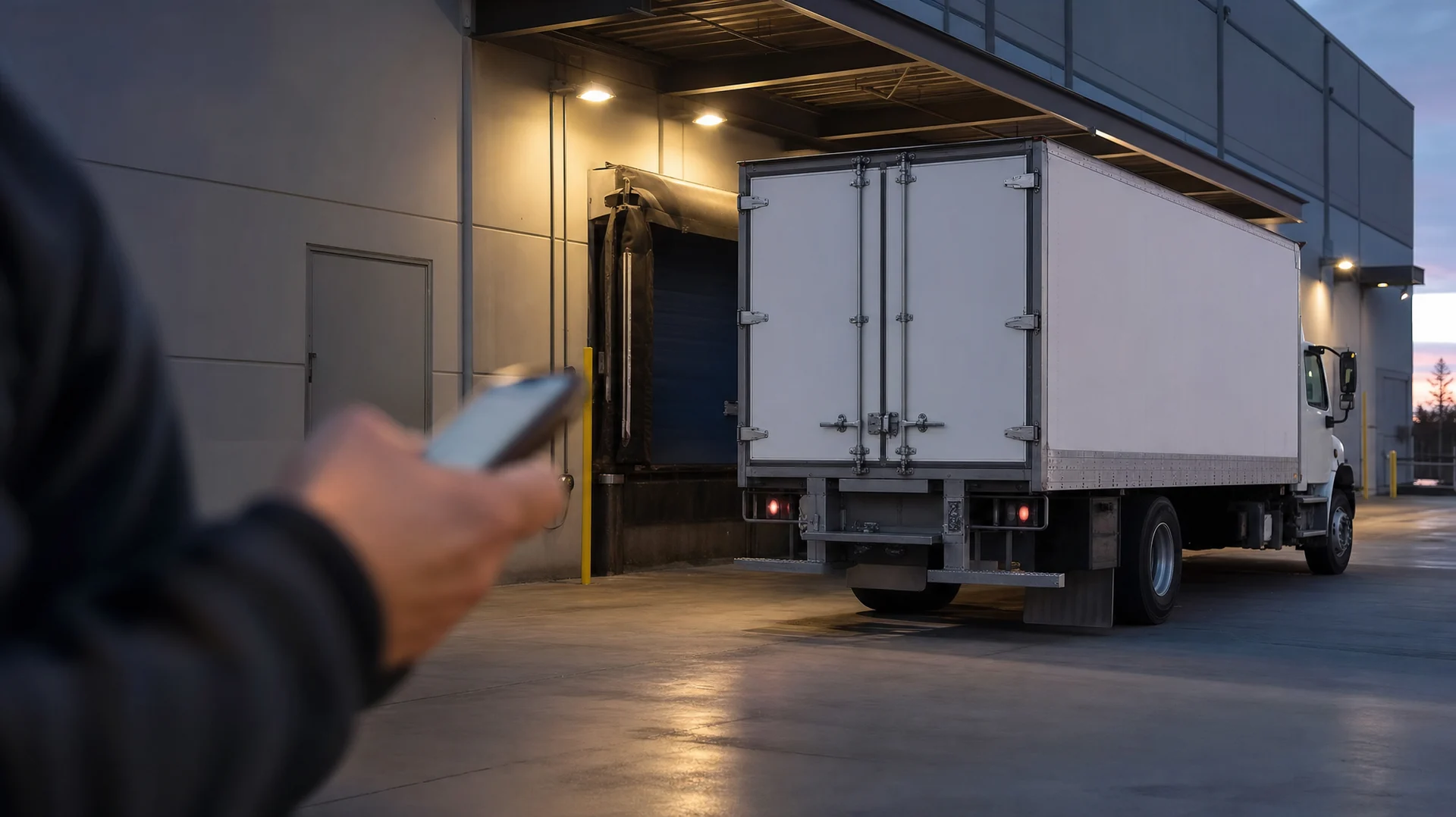 Box truck at a warehouse loading dock at dusk while a dispatcher checks a phone