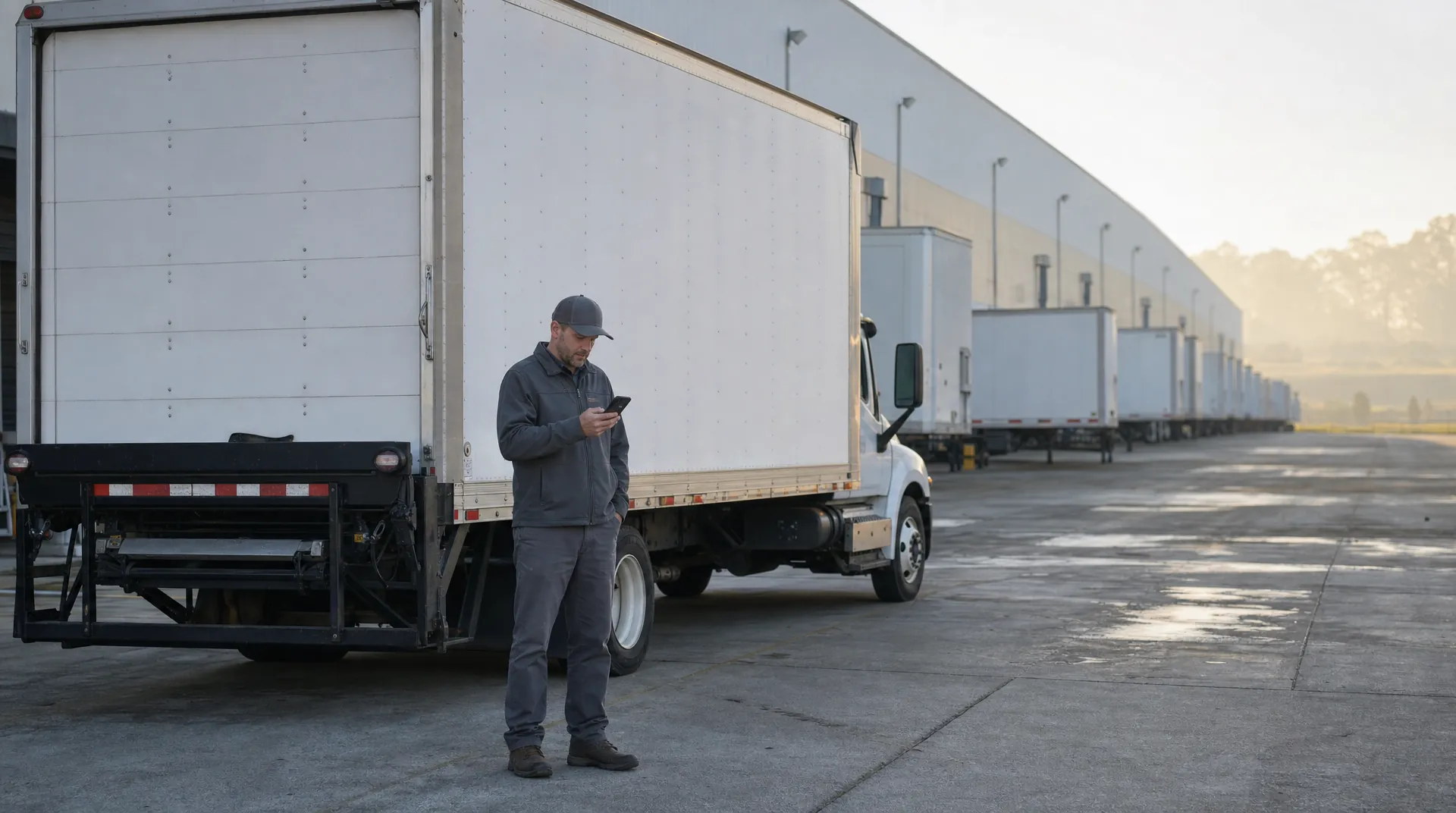 A box truck owner-operator stands beside his white box truck with a lift-gate at a freight distribution center at dawn, checking a load on his phone.