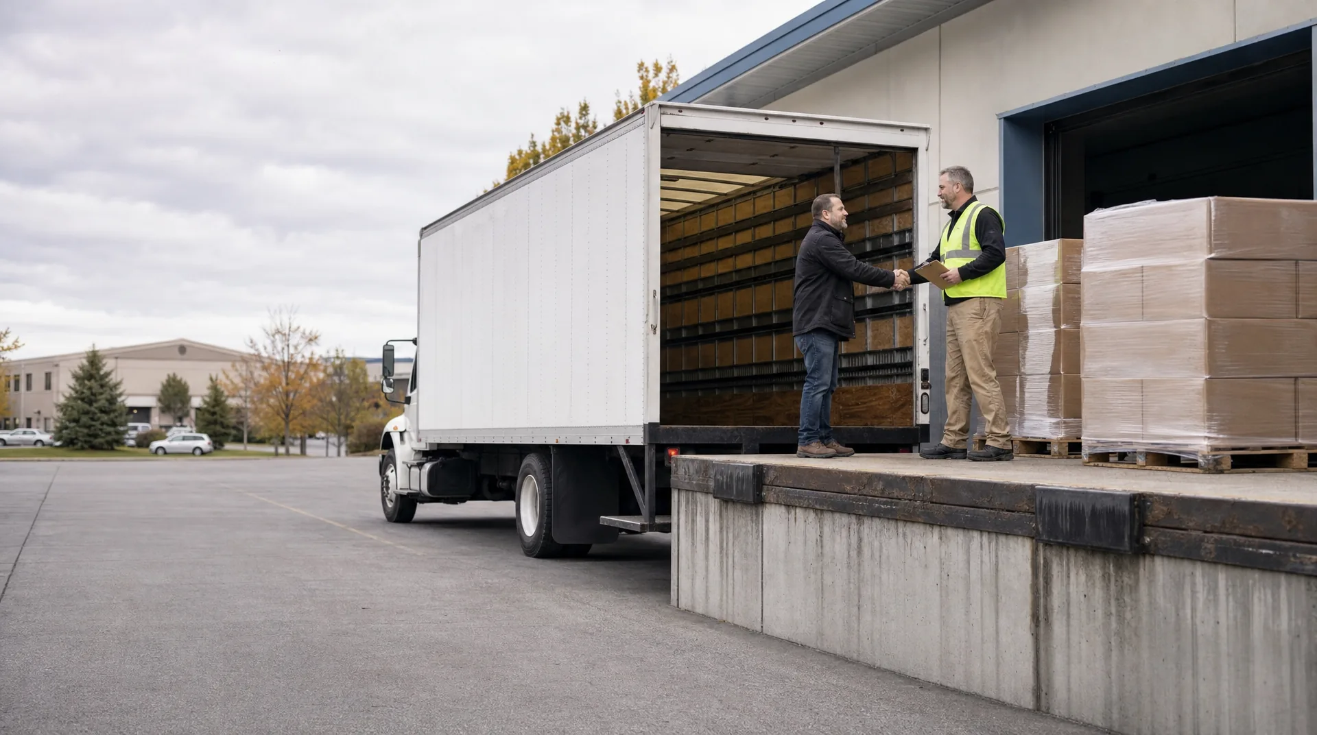 Box truck owner-operator shaking hands with a shipping manager at a warehouse loading dock