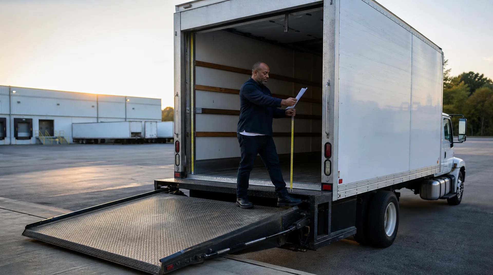 Box truck owner-operator measuring the rear opening of his truck above a lowered liftgate while reading an agreement