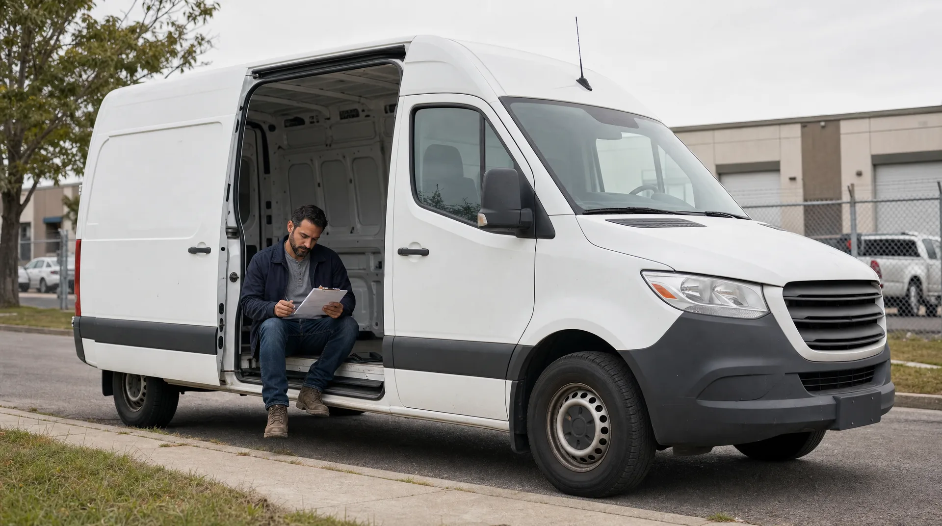 Owner-operator sitting in the side door of a white high-roof cargo van, reading an agreement on a clipboard