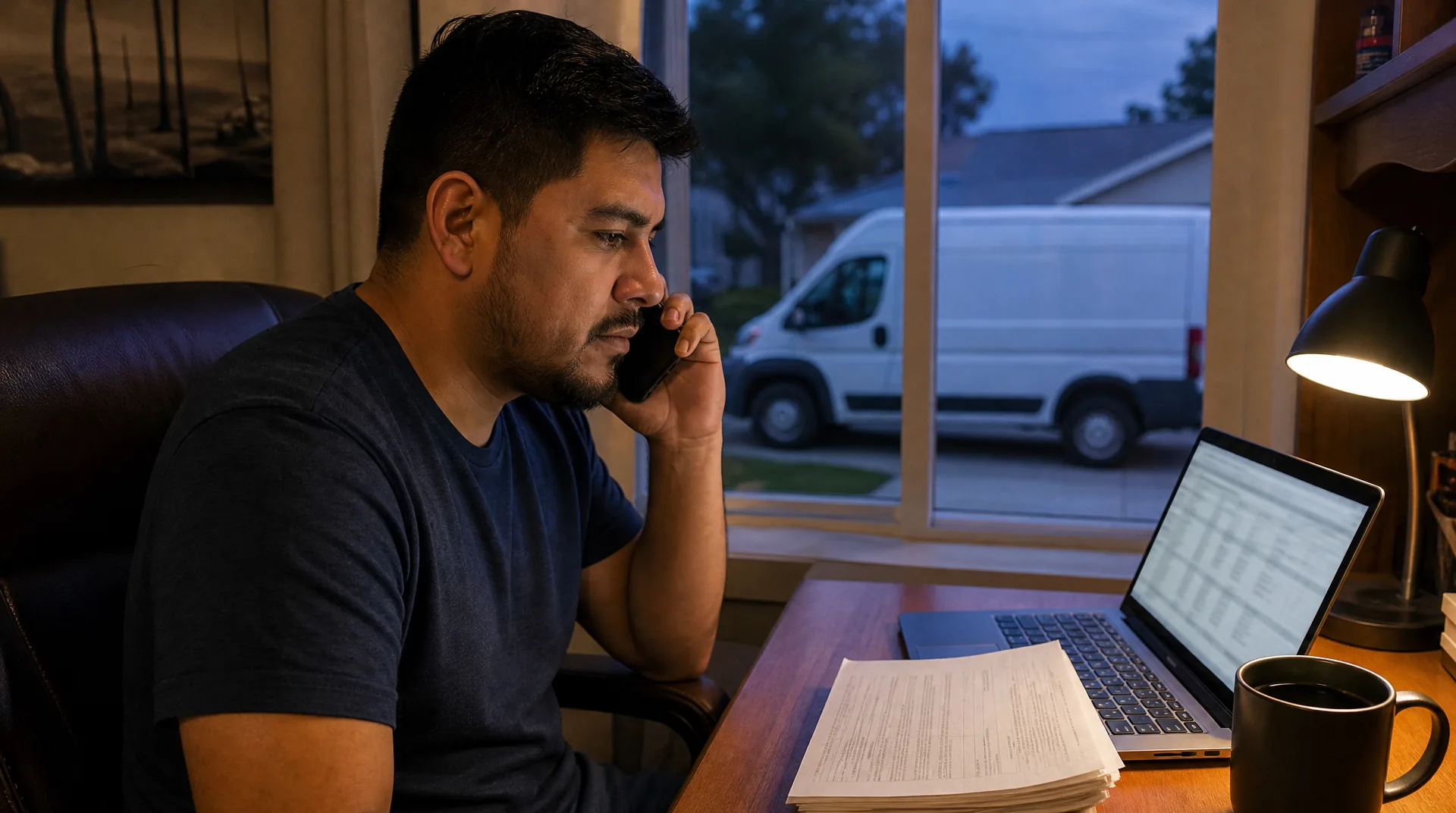 Owner-operator on the phone at a home desk with a rate confirmation and laptop, his cargo van parked outside