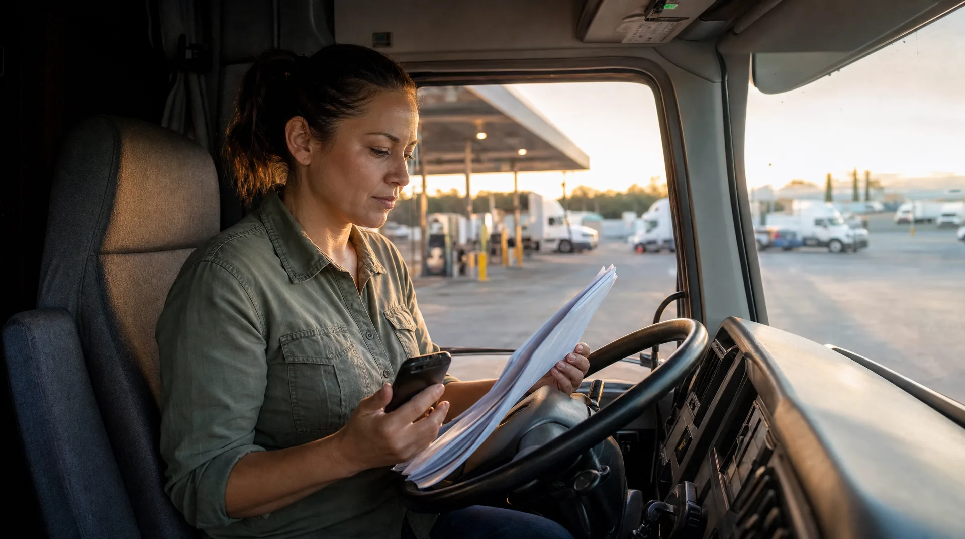 Owner-operator in the cab of her truck at a truck stop, checking paperwork against her phone